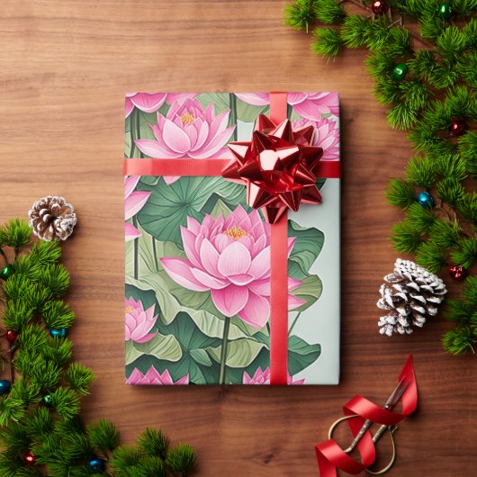 Chique roze lotus bloem botanische groen cadeaupapier (Feestdagen Geschenken)