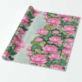 Chique roze lotus bloem botanische groen cadeaupapier (Uitgerold)