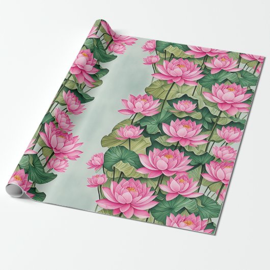 Chique roze lotus bloem botanische groen cadeaupapier (Uitgerold)