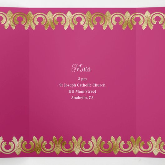 Chique roze met gouden Quinceanera-feestuitnodigin Drieluik Uitnodiging (Binnenkant midden)