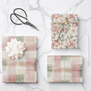Chique Roze Mint Crème Geruit Strepen Verjaardag Inpakpapier Vel