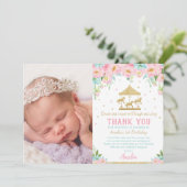 Chique roze munt bloemencarrousel 1e verjaardag fo bedankkaart (Staand voorkant)