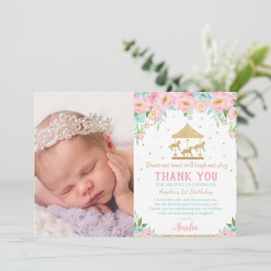 Chique roze munt bloemencarrousel 1e verjaardag fo bedankkaart (Staand voorkant)
