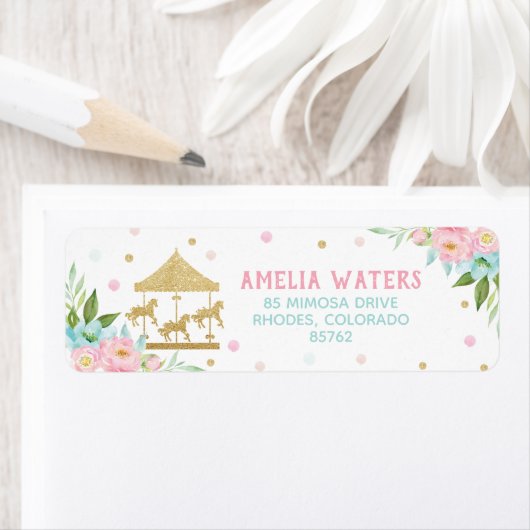 Chique roze munt bloemencarrousel verjaardagsfeest etiket (Insitu)