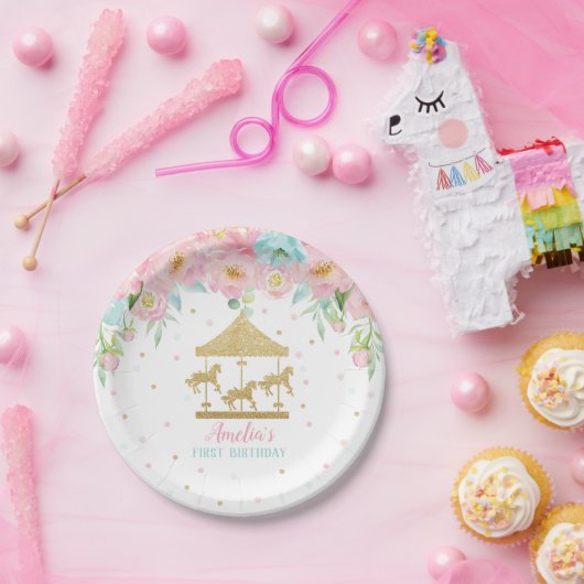 Chique roze munt bloemencarrousel verjaardagsfeest papieren bordje (Feest)