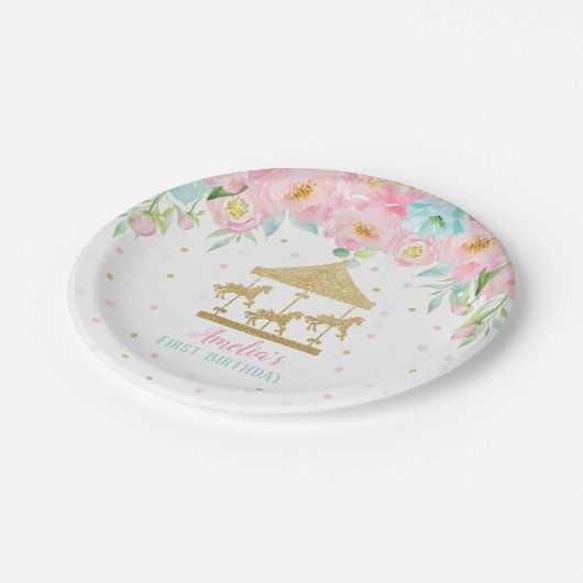 Chique roze munt bloemencarrousel verjaardagsfeest papieren bordje (Gekanteld)