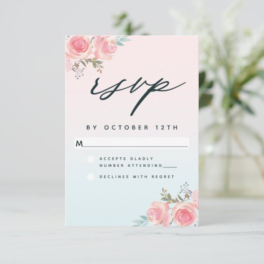 Chique roze ombre Franse tuin bloemenbruiloft RSVP Kaartje (Staand voorkant)