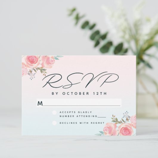 Chique Roze Ombre Franse Tuin Bloemige Bruiloft RSVP Kaartje (Staand voorkant)