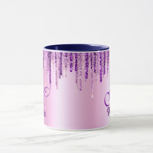 Chique Roze Paarse Eenhoorn Glitter Drips Monogram Mok (Midden)