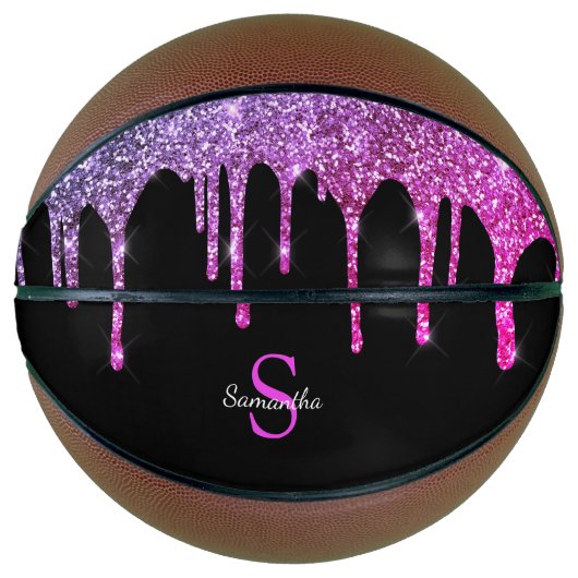 Chique Roze Paarse Glitters Glans Drips Monogram Basketbal (Voorkant)