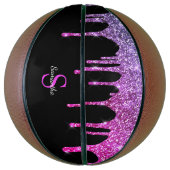 Chique Roze Paarse Glitters Glans Drips Monogram Basketbal (Verticaal)