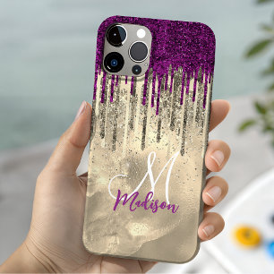 Chique roze paarse glitters glans gouden druppels Case-Mate iPhone 14 hoesje
