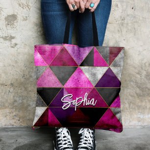 Chique roze paarse grijs geometrisch tote bag