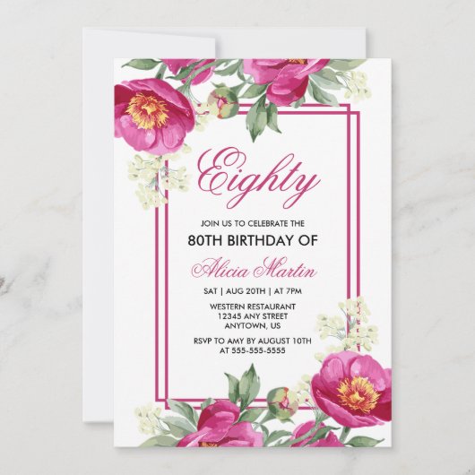 Chique Roze Pioen Bloemen Groen 80e Verjaardag Kaart (Voorkant)