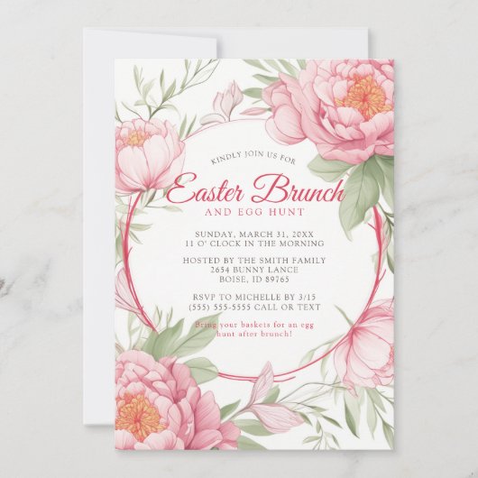 Chique Roze Pioen Bloemen Pasen Brunch en Ei Hunt Kaart (Voorkant)