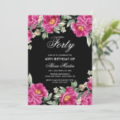 Chique roze pioen bloemig zwart 40e verjaardag kaart (Staand voorkant)