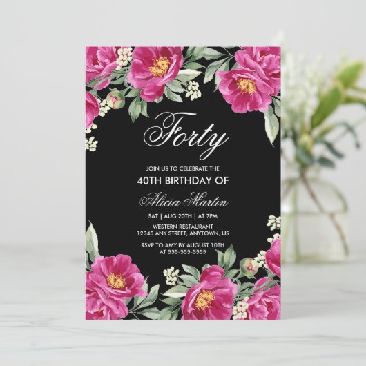 Chique roze pioen bloemig zwart 40e verjaardag kaart (Staand voorkant)