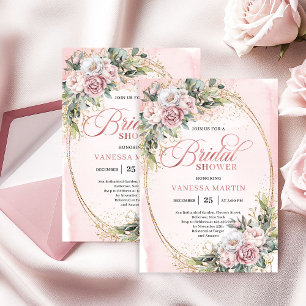 Chique Roze Poeder Bloemige Eucalyptus Bruiloftsbo Kaart