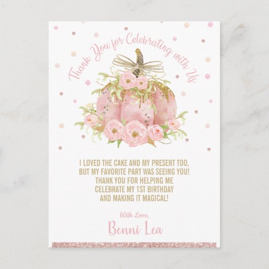 Chique roze pompoen 1e verjaardagsfeestje dank u briefkaart (Voorkant)