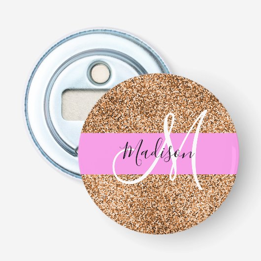 Chique Roze & Pompoen Glitter Sparkels Monogram Na Button Flesopener (Voorkant)