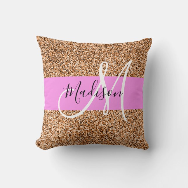 Chique Roze & Pompoen Glitter Sparkles Monogram Na Kussen (Voorkant)