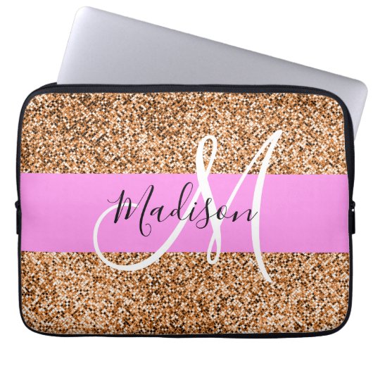Chique Roze & Pompoen Glitter Sparkles Monogram Na Laptop Sleeve (Voorkant)