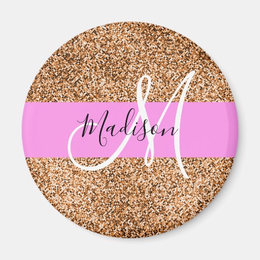 Chique Roze & Pompoen Glitter Sparkles Monogram Na Magneet (Voorkant)