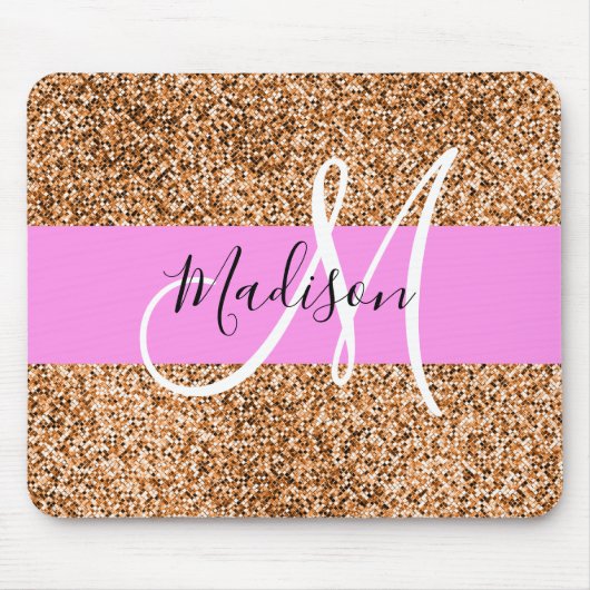Chique Roze & Pompoen Glitter Sparkles Monogram Na Muismat (Voorkant)