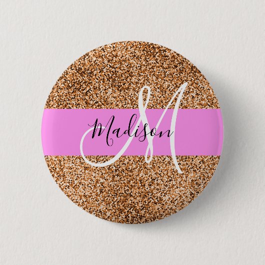 Chique Roze & Pompoen Glitter Sparkles Monogram Na Ronde Button 5,7 Cm (Voorkant)