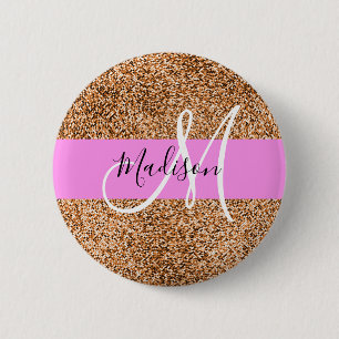 Chique Roze & Pompoen Glitter Sparkles Monogram Na Ronde Button 5,7 Cm