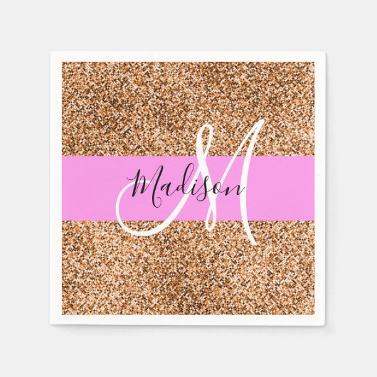 Chique Roze & Pompoen Glitter Sparkles Monogram Na Servet (Voorkant)