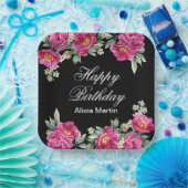 Chique Roze Rood Violet Peony Bloemen Zwart Verjaa Papieren Bordje (Feest)