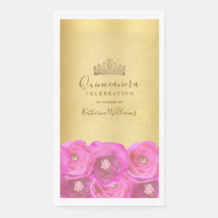 Chique Roze Roos Bloemige Gouden Kroon Quinceañera Servet