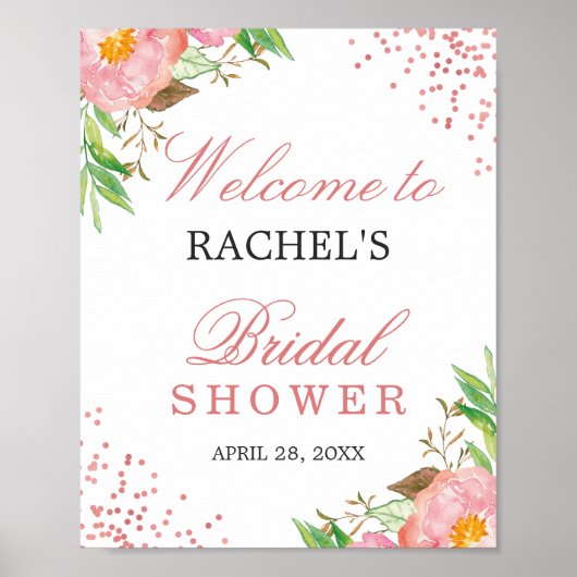 Chique Roze Roos Bloemrijke Confetti Bruidsdouche Poster (Voorkant)