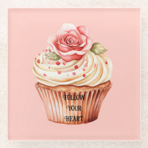 Chique Roze Roos Cupcake Glazen Onderzetter