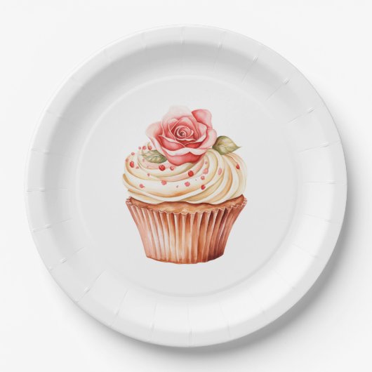 Chique Roze Roos Cupcake Verjaardag Papieren Bordje (Voorkant)
