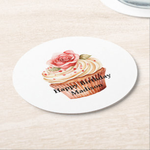 Chique Roze Roos Cupcake Verjaardag Ronde Kartonnen Onderzetter