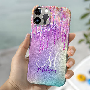 Chique roze roos eenhoorn druipende glitters monog Case-Mate iPhone 14 hoesje