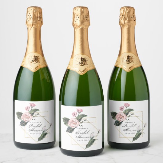 Chique Roze Rose Bloemen Goud Lijst Vrijgezellenfe Sparkling Wijnetiket (Flessen)