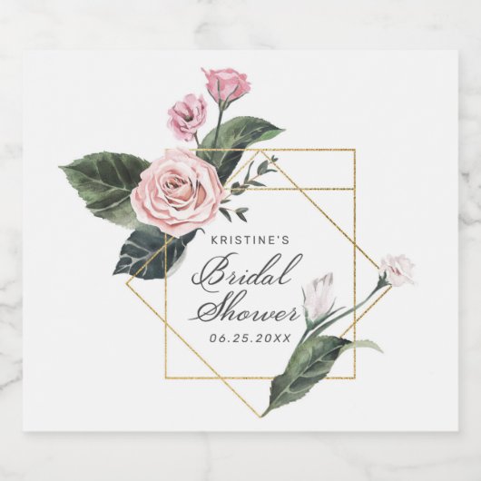 Chique Roze Rose Bloemen Goud Lijst Vrijgezellenfe Sparkling Wijnetiket (Enkel label)