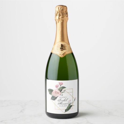 Chique Roze Rose Bloemen Goud Lijst Vrijgezellenfe Sparkling Wijnetiket (Voorkant)