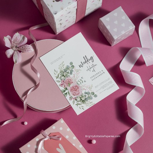 Chique roze roze pioen bloemrijke elegantie bruilo kaart