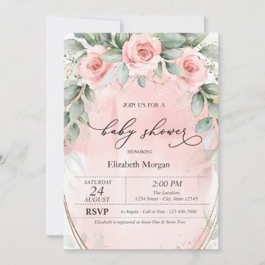 Chique Roze Rozen Baby Shower Kaart (Voorkant)
