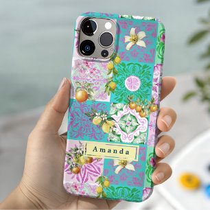 Chique roze Siciliaanse citrus collage bloemtegels iPhone 15 Case
