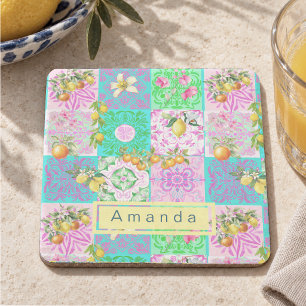 Chique roze Siciliaanse citrus collage bloemtegels Stenen Onderzetter