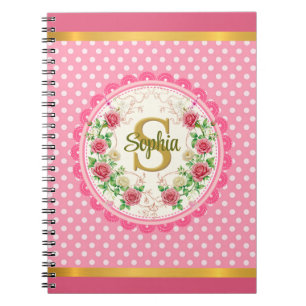Chique Roze Stippen en Roos Bloem Motief Monogram Notitieboek