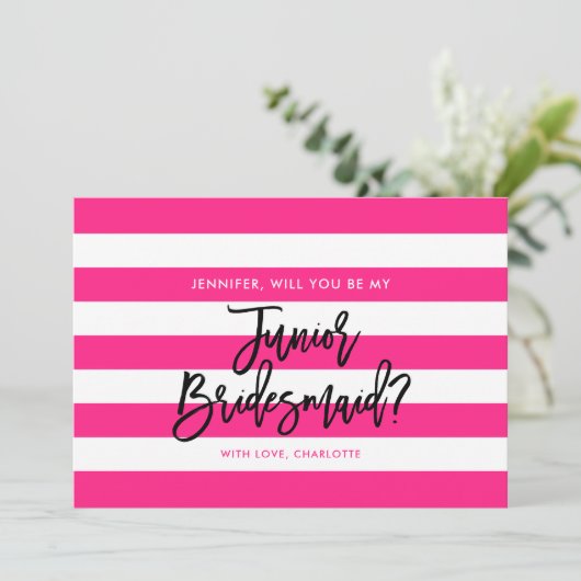 Chique roze strepen zal je mijn junior bruidsmeisj kaart (Staand voorkant)