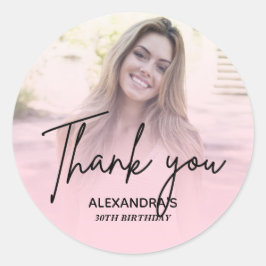 Chique Roze Verlopend Foto Verjaardag Bedankt Ronde Sticker