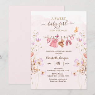 Chique Roze Waslijn Wilde Bloemen Baby Shower Kaart