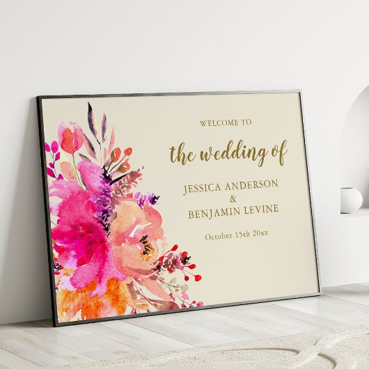 Chique Roze Waterverf Bloemachtig Trouw Welkom Bor Poster